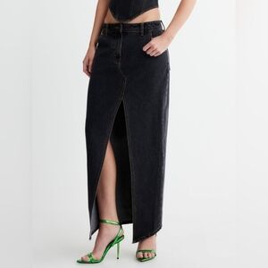 SM Revolve Lioness Denim Maxi Skirt Jean Charcoal with High Slit Cotton